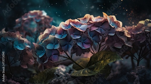 AI generated illustration of a cluster of vibrant purple and blue blooms illuminated by soft light