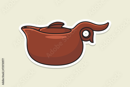 House Unique Tea Kettle sticker design vector illustration. Kitchen interior object icon concept. Kitchen Teapot with closed lid sticker design with shadow. Clay teakettle vector design icon.
