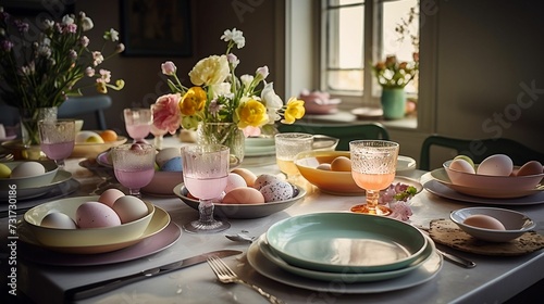 AI generated illustration of A festive Easter table setting with colorful eggs, plates, and cutlery