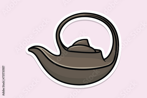 House Unique Tea Kettle sticker design vector illustration. Kitchen interior object icon concept. Kitchen Teapot with closed lid sticker design with shadow. Clay teakettle vector design icon.
