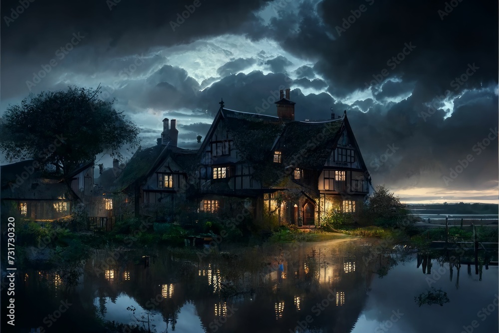 AI generated illustration of a dramatic house reflected in water beneath a cloudy night sky