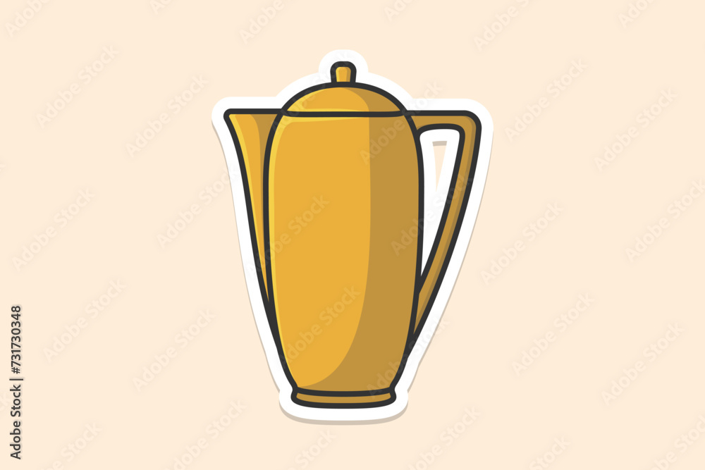 Yellow Teapot sticker design vector illustration. Kitchen interior object icon concept. Breakfast Teapot with closed lid sticker design on blue background. Restaurant kettle icon logo.
