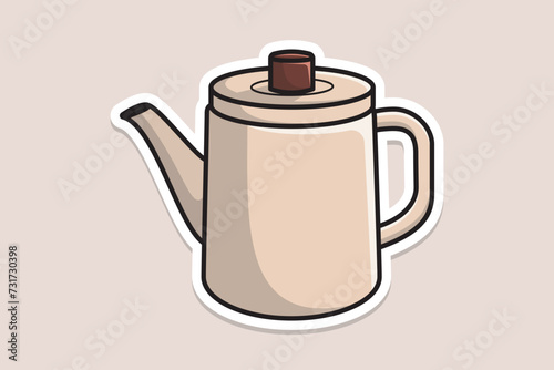House Unique Tea Kettle sticker design vector illustration. Kitchen interior object icon concept. Kitchen Teapot with closed lid sticker design with shadow. Clay teakettle vector design icon.
