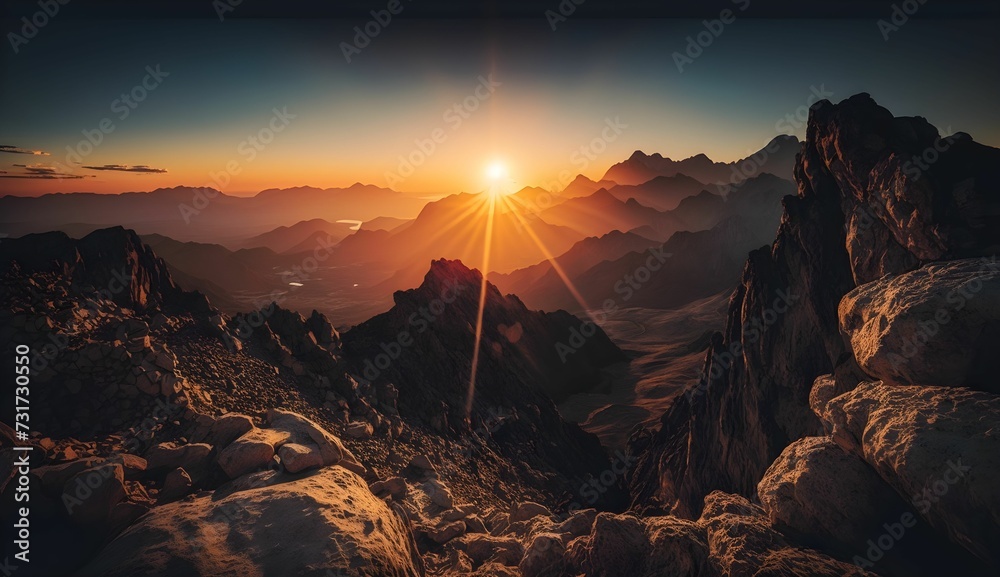 AI generated illustration of early morning sun casting golden light over rocky shoreline and a river
