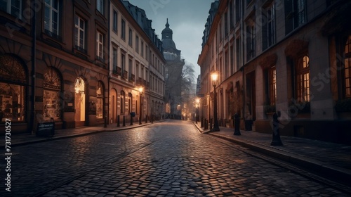 AI generated illustration of an empty cobblestone street illuminated with golden lights © Wirestock