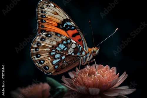 AI generated illustration of a close-up of a beautiful butterfly perched on a vibrant petaled flower photo