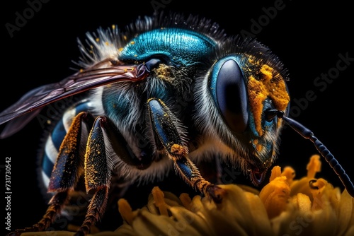 AI generated illustration of a close-up of a honey bee perched on a vibrant flower covered in pollen © Wirestock