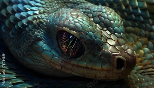 AI generated illustration of a green snake's head with its big eye and textured skin