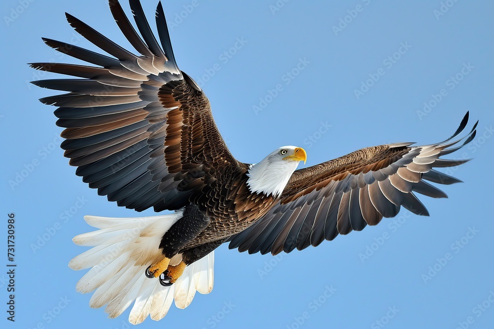 Fototapeta premium A bald eagle soars with spread wings flying in the sky