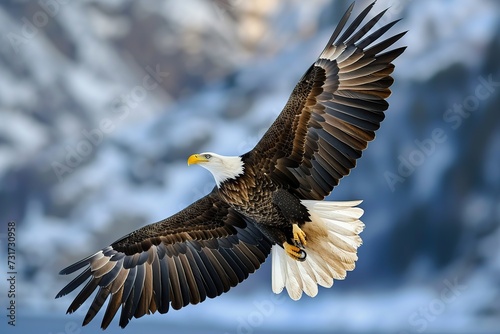 A bald eagle soars with spread wings flying in the sky on winter mountains background