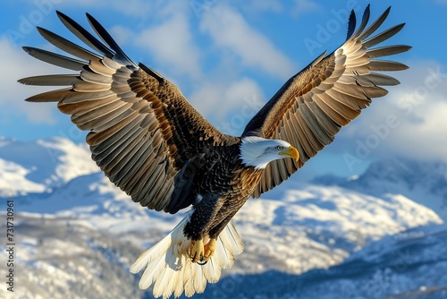 A bald eagle soars with spread wings flying in the sky on winter mountains background © Alina