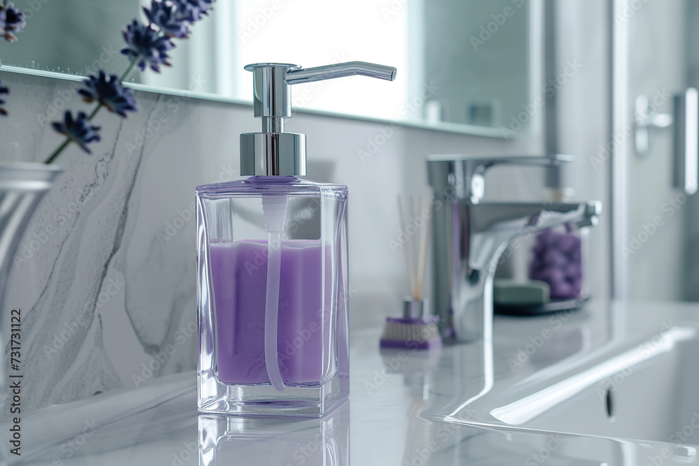 Bathroom counter with sink, water faucet and soap dispenser with liquid soap Bathroom counter with sink, water faucet and soap dispenser with liquid soap