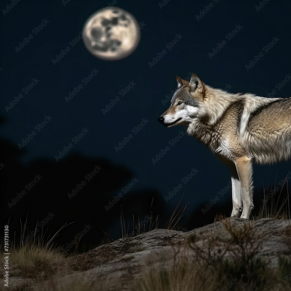 AI generated illustration of a grey wolf on a hill, gazing up at the night sky AI generated illustration of a grey wolf on a hill, gazing up at the night sky
