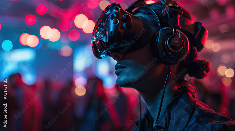 Portrait, A professional esports gamer competing in a virtual reality tournament, surrounded by a crowd of cheering fans in a state-of-the-art arena Portrait, A professional esports gamer competing in a virtual reality tournament, surrounded by a crowd of cheering fans in a state-of-the-art arena