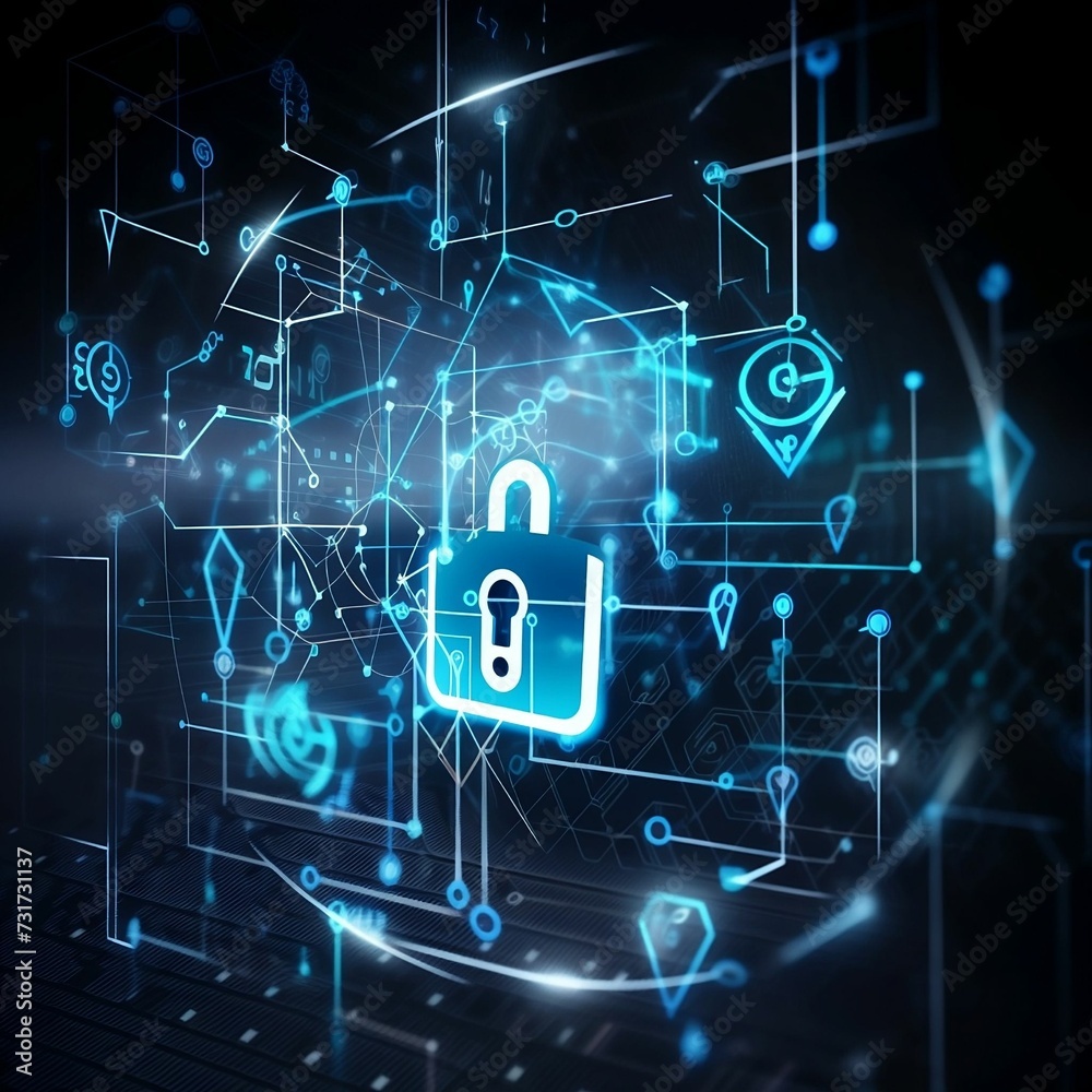 AI generated illustration of a padlock surrounded by a network of wires and cables AI generated illustration of a padlock surrounded by a network of wires and cables