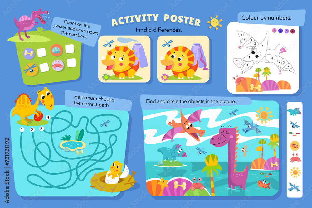 Fototapeta Puzzles, maze, find differences, write numbers. Coloring page. Games for kids of preschool. Cute cartoon dinosaurs. Children's illustration. 
