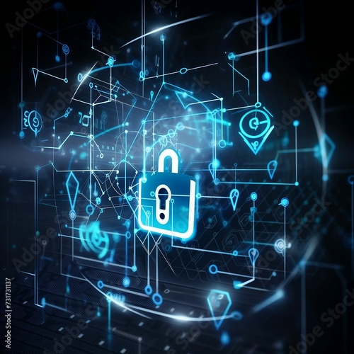 AI generated illustration of a padlock surrounded by a network of wires and cables