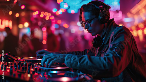 Portrait, A DJ with neon-lit headphones and a digital turntable, performing at a high-tech nightclub with interactive light installations © Lila Patel