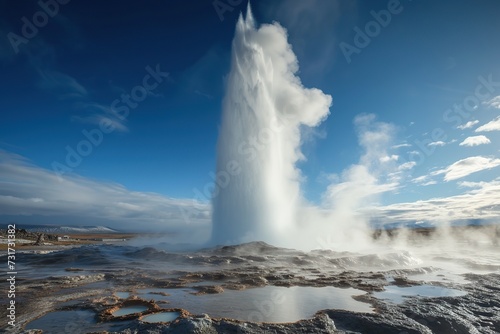 Great geysir erupting by water and steam