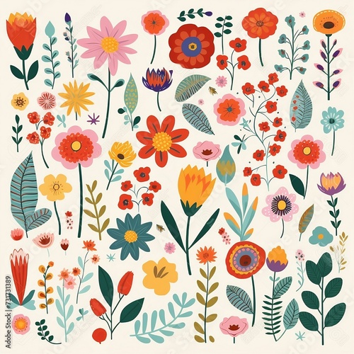 AI generated illustration of a colorful floral print featuring an array of vibrant blooms
