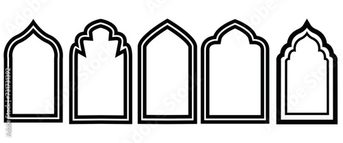 Collection of patterns in oriental style. Shape Islamic door, window and Arabic arch. Vector illustration mosque shape isolated on clear. Frames in Arabic Muslim design for Ramadan Kareem.
