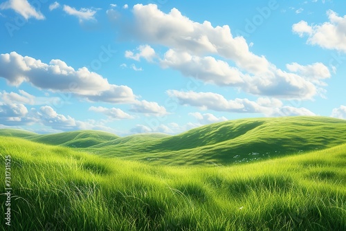 Landscape of green grass on slope with blue sky