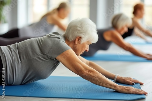 Group of senior women doing yoga stretching exercises in studio