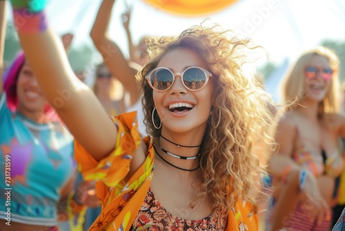 Young friends are having fun and dancing at a music festival