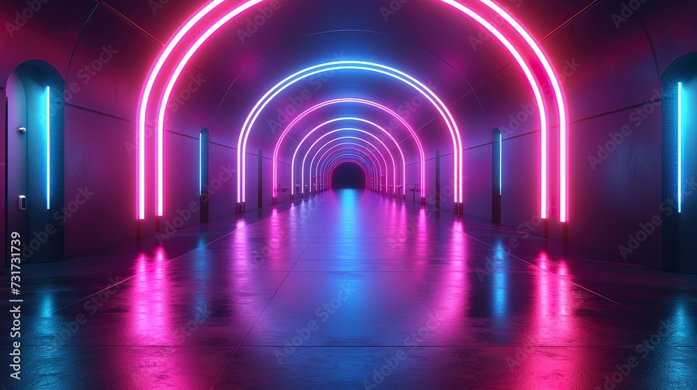 3d render. Futuristic corridor with neon lights. Abstract background.  - obrazy, fototapety, plakaty 