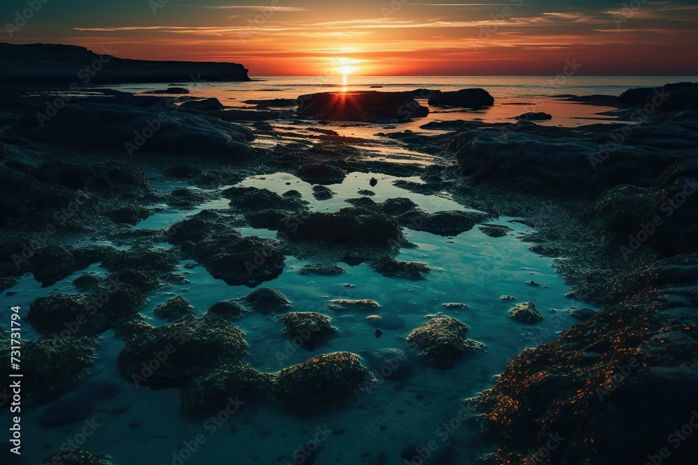 AI generated illustration of the sunset over shoreline of the blue ocean - aerial AI generated illustration of the sunset over shoreline of the blue ocean - aerial