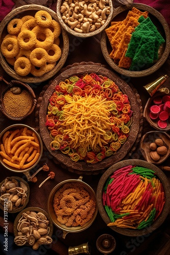 AI generated illustration of a variety of snacks and crunchy appetizers presented on a table photo