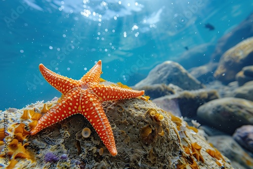 Orange sea star in clean underwater ocean