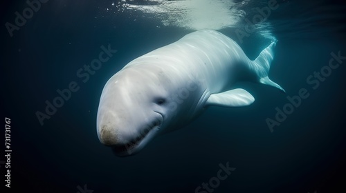 AI generated illustration of a white whale with a long snout swimming underwater