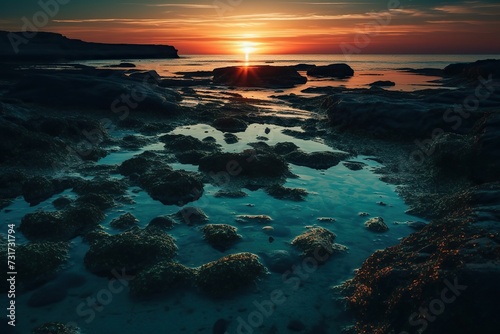 AI generated illustration of the sunset over shoreline of the blue ocean - aerial