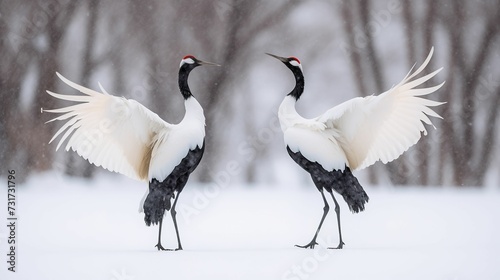 AI generated illustration of two large cranes in a winter landscape