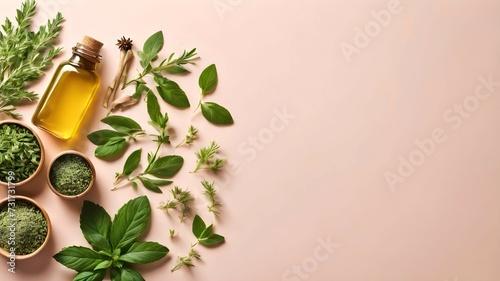 Top view of spices and leaves on pale pink background. Background for presentation of culinary or herbal product. photo