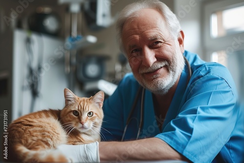 Mature man vet holding cat in vet clinic photo