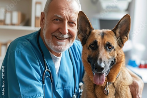 Mature man vet with dog in vet clinic