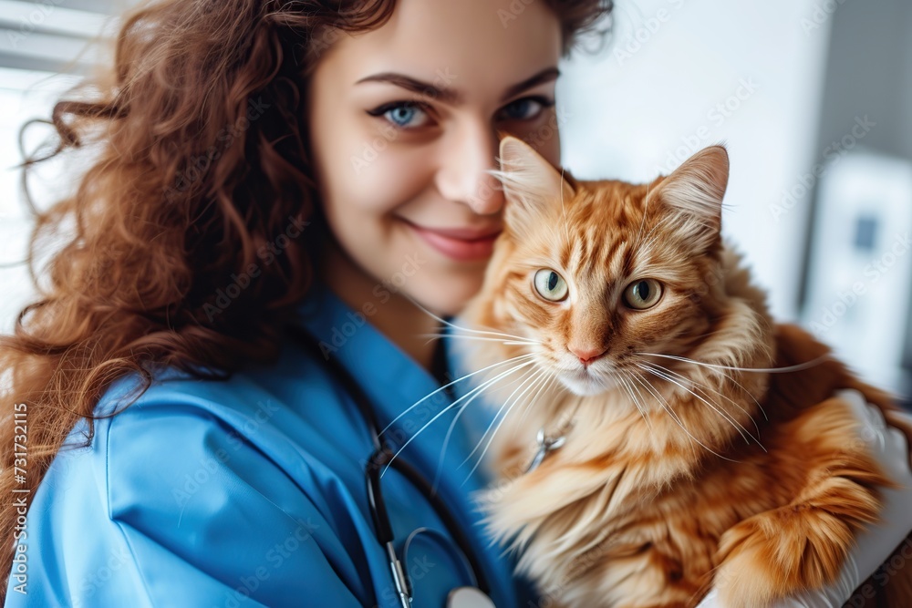 Young female vet holding cat in vet clinic