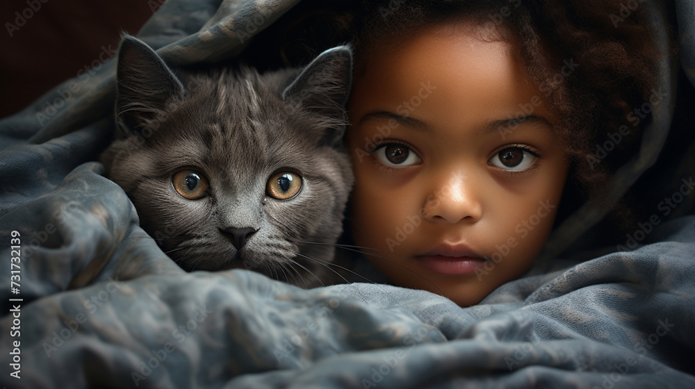 Small child lies on a bed with a cat. Kitten and baby childhood friendship. Baby and cat. Child and Kitten lying together on the bed Small child lies on a bed with a cat. Kitten and baby childhood friendship. Baby and cat. Child and Kitten lying together on the bed