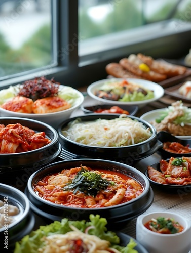 Korean foods served on a dining table. Perfect for photo illustration, article, or any cooking contents. : Generative AI
