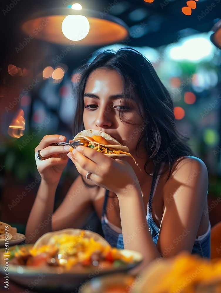 Mexican woman eating tacos al pastor, mexican food in Mexico Latin America : Generative AI Mexican woman eating tacos al pastor, mexican food in Mexico Latin America : Generative AI