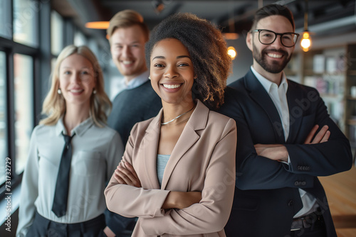 Portrait of smart multiethnic colleagues in office. Diversity, business and people concept