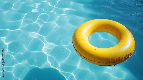 Yellow pool float, ring floating in a refreshing blue swimming pool : Generative AI