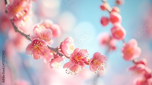 Beautiful floral spring abstract background of nature. Branches of blossoming apricot macro with soft focus on gentle light blue sky background. For easter and spring greeting cards wi : Generative AI
