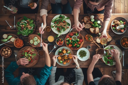 Top view of vegan friends gathering around wooden table chatting lively and eating bio organic food : Generative AI