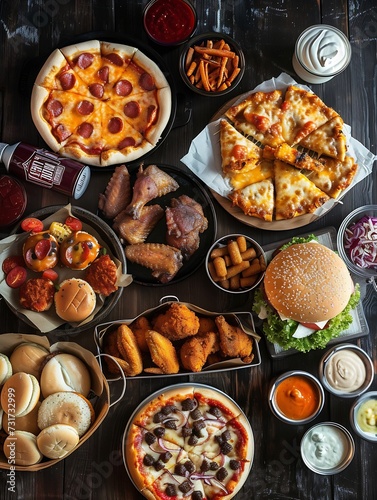 Super Bowl or football theme food table scene. Pizza, hamburgers, wings, snacks and sides. Overhead view on a dark wood background. : Generative AI