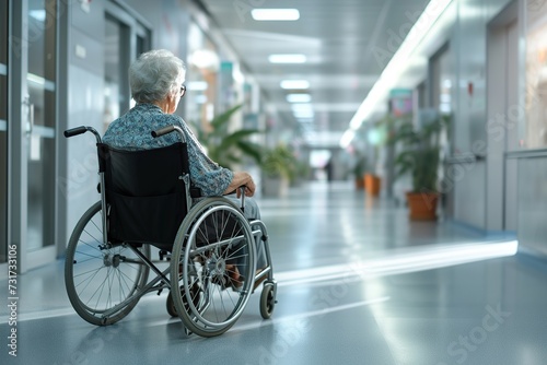 Disabled senior woman sitting in wheelchair in hospital