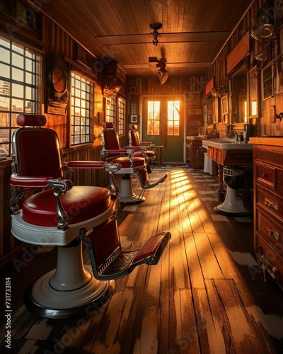An interior shot of a barbershop highlighted by the golden rays of the setting sun, ai-generated © Wirestock