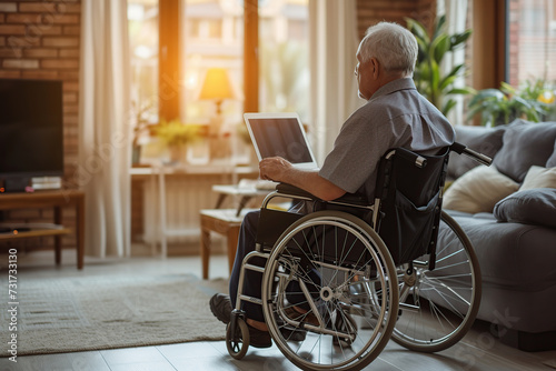 Disabled senior man sitting in wheelchair with laptop at home